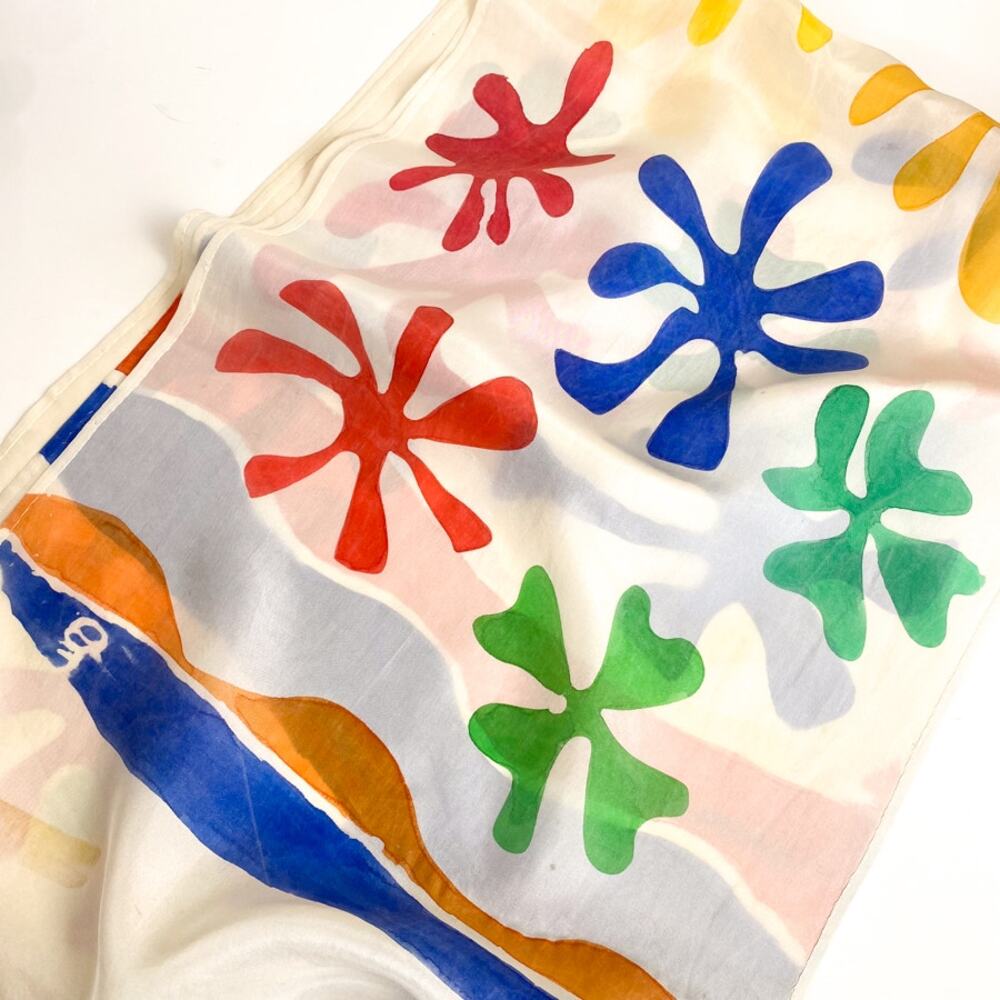 Block Print Silk Cream and Rainbow Color Rectangular Scarf